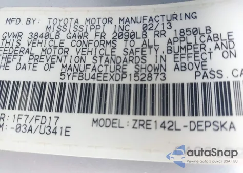 2013 Toyota Corolla S from USA, damaged, VIN 5YFBU4EEXDP152873